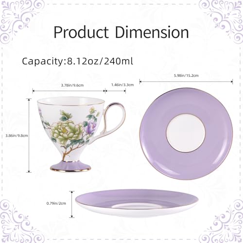 KAMMAK Ceramic Coffee Cups Saucers Set of 2, Porcelain Espresso Cups with Saucers, 8.12 oz Handcrafted Elegant Bone China Tea Cups, Purple Purple & Mint Green Flower Teacup for Party, Office, Gift - color: Green Jade + Purple Blossom
