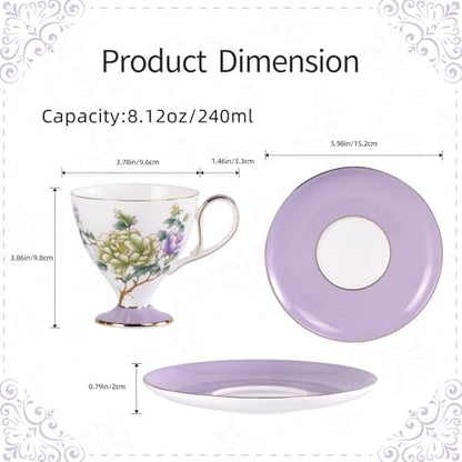 KAMMAK Ceramic Coffee Cups Saucers Set of 2, Porcelain Espresso Cups with Saucers, 8.12 oz Handcrafted Elegant Bone China Tea Cups, Purple Purple & Mint Green Flower Teacup for Party, Office, Gift - color: Green Jade + Purple Blossom