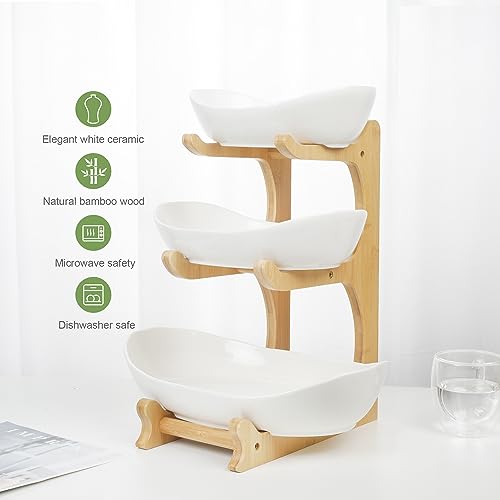 Seven Sparta 3 Tier Fruit Bowl for Kitchen Counter (PLUS Series) / Ceramic Serving Bowls with Bamboo Stand/Big Size Tiered Fruit Basket for Fruit Vegetable Storage, Dessert, Salad Buffet Server - style: PLUS edition