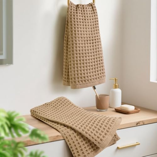Waffle Bathroom Hand Towels 2-Piece (Tan) – Cotton, Soft, Lightweight | Lint Free, 13” x 29” - color: Tan
