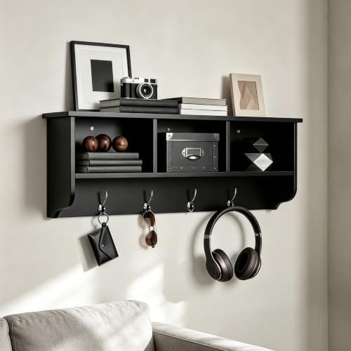 38.6inch Wall Mounted Entryway Coat Rack with Storage Shelf 4 Dual Hooks Wooden Storage Living Room Wall Cabinet with 3 Cubbies Space Saving Hanging Shelf for Hats Bags Coats (Espresso) - color: Espresso
