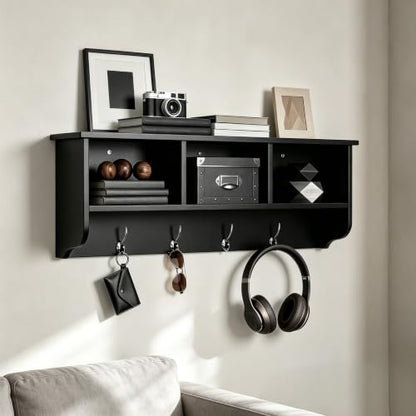 38.6inch Wall Mounted Entryway Coat Rack with Storage Shelf 4 Dual Hooks Wooden Storage Living Room Wall Cabinet with 3 Cubbies Space Saving Hanging Shelf for Hats Bags Coats (Espresso) - color: Espresso