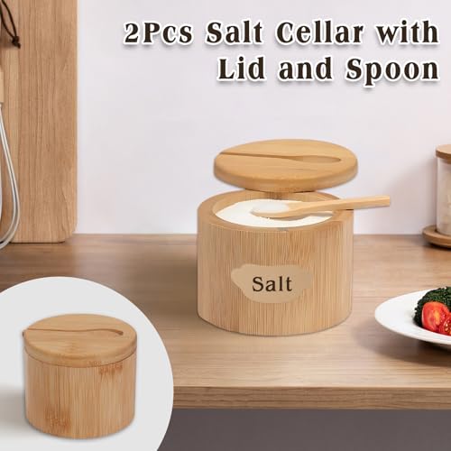 2Pcs Salt Cellar, 6 oz Round Salt Container with Lid and Spoon | Wooden Salt Container, Salt and Pepper Bowls Storage Holder Box, Seasoning Storage Bowl for Countertop Spice Sugar (Style1)