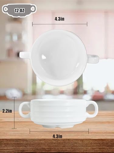 French Onion Soup Bowls with Handles, 12-Ounce Stackable Soup Crocks, Ceramic Soup Bowls Dishwasher, Oven, Microwave Safe, Large Ramekins Bowls Set of 4 (Moon White) - color: Moon White