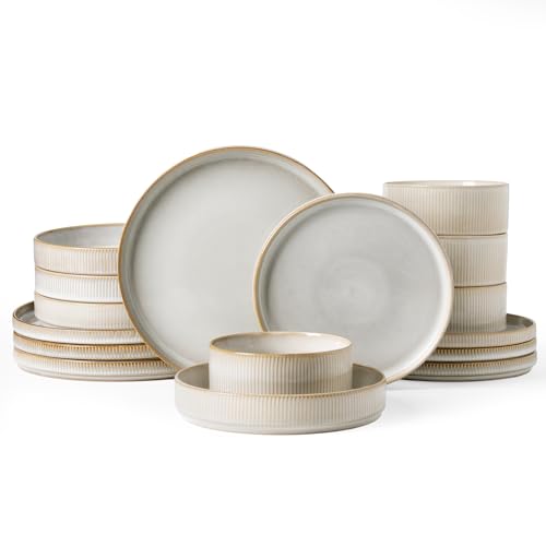 Famiware Star Stoneware Dinnerware Sets with Pasta Bowls, 16pc Dishes for 4 | Ceramic Plates and Double Bowls. Chip & Scratch Resistant. Microwave & Dishwasher Safe, Everyday Formal Use, Cappuccino White - color: Cappuccino White, size: Service for 4 - Do