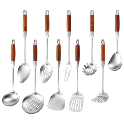Izurok 18/10 Stainless Steel Kitchen Utensils Set,10 Piece Cooking Utensils With Wood Handle,Heat Resistant Kitchen Tool Set With Spatula,Spoon,Ladle,Skimmer,Slotted Turners,Pasta,Turner,Ladl,Fork - color: SILVER-10 Pieces, size: Large