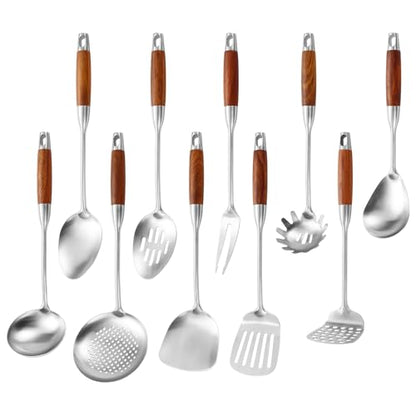 Izurok 18/10 Stainless Steel Kitchen Utensils Set,10 Piece Cooking Utensils With Wood Handle,Heat Resistant Kitchen Tool Set With Spatula,Spoon,Ladle,Skimmer,Slotted Turners,Pasta,Turner,Ladl,Fork - color: SILVER-10 Pieces, size: Large