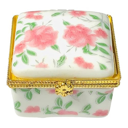 Tiny Square Porcelain Trinket Box | Pink Cabbage Roses | French Style Gift Box with Velvet Bag - style: Pink Cabbage Roses Square