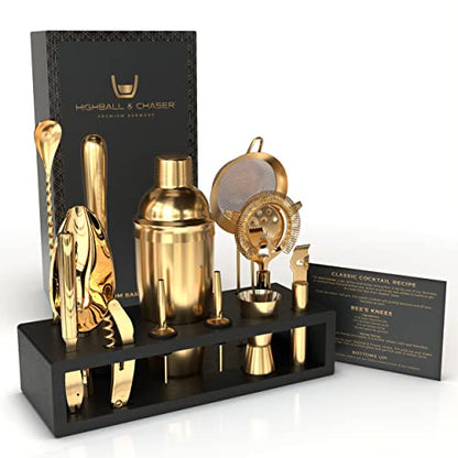 Highball & Chaser Bartender Kit with Espresso Bamboo Stand. Beautiful Cobbler Cocktail Shaker Set with Bar Tools Rustproof Stainless Steel Bar Set (Matte Gold) - color: Matte Gold