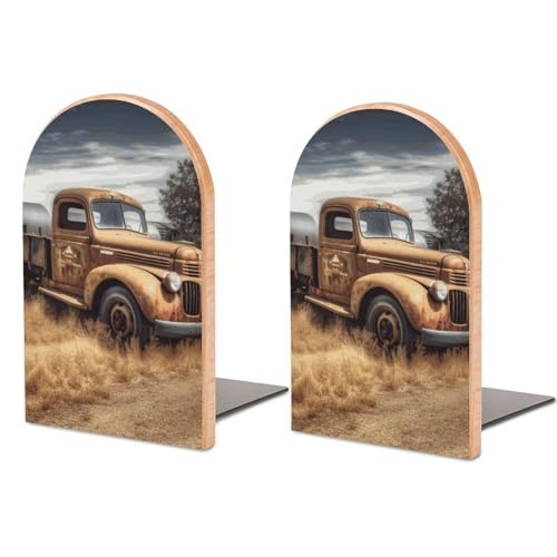 Old Truck Car Book Ends for Shelves - 2 Pack Handmade Wooden Bookends with Metal Base, Sturdy Book Holder for Heavy Books Modern Decorative Book Stopper for Home Office