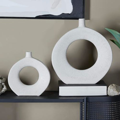 CosmoLiving by Cosmopolitan Ceramic Decorative Vase Round Donut Shaped Centerpiece Vases, Set of 2 Flower Vases for Home Decoration 16", 10"H, White