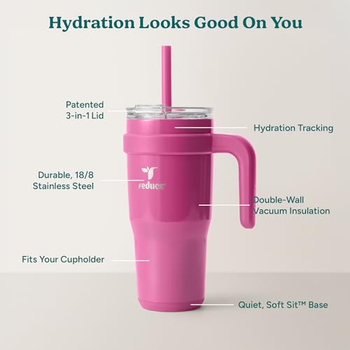 REDUCE 24 oz Stainless Steel Tumbler with Handle - Dual-Wall Vacuum Insulated Travel Mug, Sweat-Proof Lid & Reusable Straw - Keeps Drinks Cold for 24 Hrs, Fits Cupholders, Dishwasher Safe - Sangria - color: Sangria, size: 24 Ounces