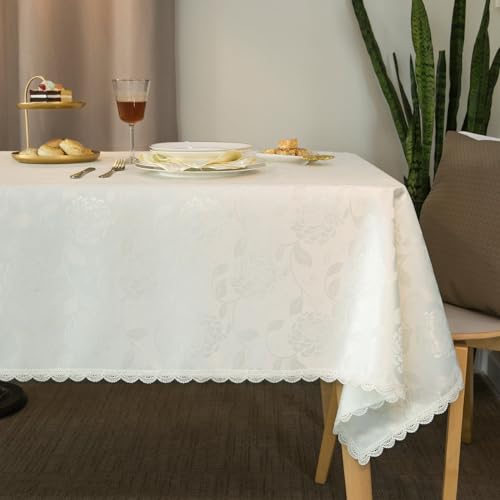 GLORY SEASON Rose Jacquard Textured Tablecloth Waterproof Spillproof Lace Trim Rectangle Table Cloth, Oblong Table Cover for Kitchen Dinning Tabletop Decor,60x120 Inch,Ivory White - size: 120" x 60" (Rectangular)