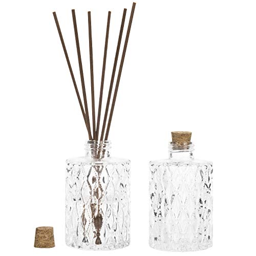MyGift Clear Glass Reed Diffuser Bottles Vintage Apothecary Vases Set of 2 | Embossed Glass Detail, Cork Lid Design, Fragrance Display, Floral Accent, Vintage Style, Elegant Home Décor - color: Clear (Set of 2)
