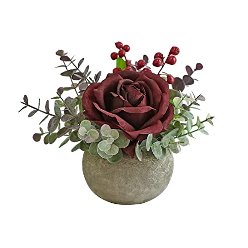 Small Artificial Burgundy Rose Potted Plant, 6" Fake Silk Flowers in 3.5" Round Pot, Mini Faux Floral Arrangement for Desk Shelf Bathroom Decor - color: Burgundy