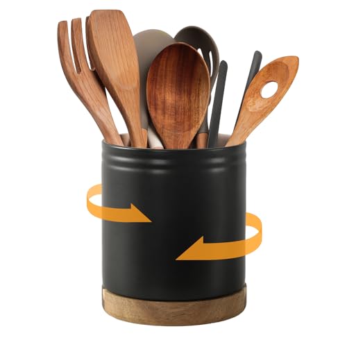 DOWAN 7.6" 360° Rotating Utensil Holder, Kitchen Utensil Holder for Countertop, Ceramic Utensil Crock, Large Cooking Utensil Caddy for Kitchen Counter, Protection Cork Bottom, Black - color: Matte Black