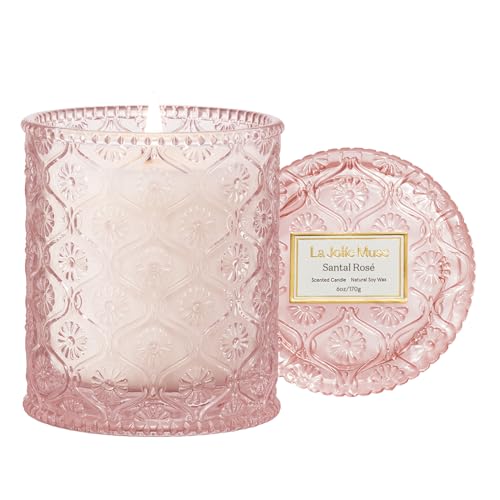 LA JOLIE MUSE Santal Rosé Scented Candles for Home, Natural Soy 40 Hrs | Luxury Pink Jar Candle, Clean Non Toxic Wax, Gifts for Women, Floral Decorative Candles for Candle Warmer, Sandalwood Rose - color: Rose