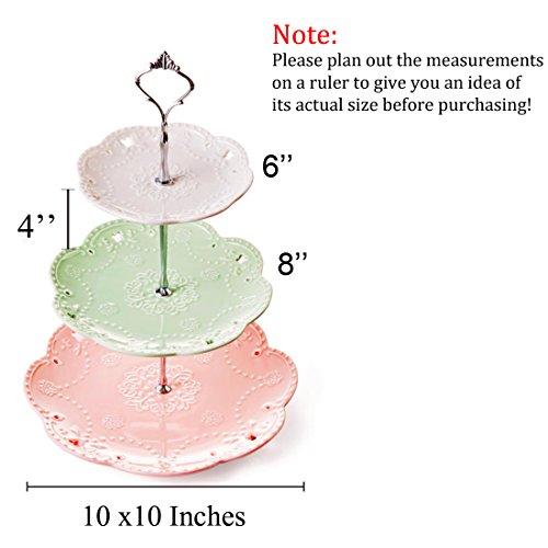Jusalpha 3-Tier Multi Color Porcelain Dessert Stand-Cupcake Stand | Tea Party Serving Platter with Silver Pillar, comes with a sugar tong in a giftable box - color: Silver