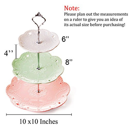 Jusalpha 3-Tier Multi Color Porcelain Dessert Stand-Cupcake Stand | Tea Party Serving Platter with Silver Pillar, comes with a sugar tong in a giftable box - color: Silver