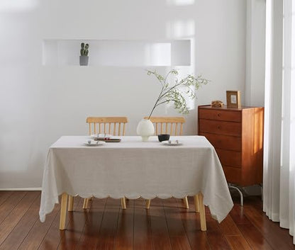 100% French Flax Linen Tablecloths Scalloped Embroidery Rectangle 84Lx60W Inch for Dinners, Parties, Spring, Easter, Machine Washable, 6-8 Sets, 60''x84'', Linen(Edges-Gold) - color: Natural Linen(edges-gold), size: 84" x 60" (Rectangular)