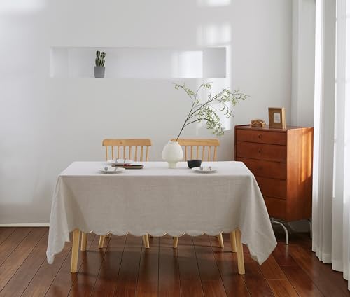 100% French Flax Linen Scalloped Embroidery Rectangle Tablecloths 108Lx60W Inch for Dinners, Parties, Spring, Machine Washable, 8-10 Sets, 60''x108'', Linen(Edges-Gold) - color: Natural Linen(edges-gold), size: 108" x 60" (Rectangular)