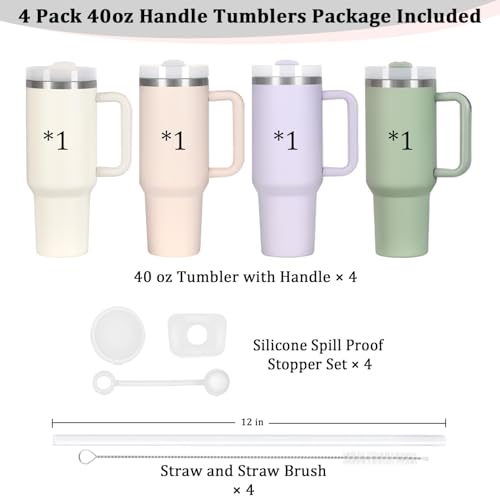 4 Pack 40 Oz Tumbler with Handle Bulk, Double Wall Vacuum Insulated Stainless Steel Tumbler with Lid and Straw, 40 oz cup with Silicone Spill Proof Stopper Set (Cream,Purple,Dark Green,Rose Quartz) - color: Cream,Purple,Dark Green,Rose Quartz