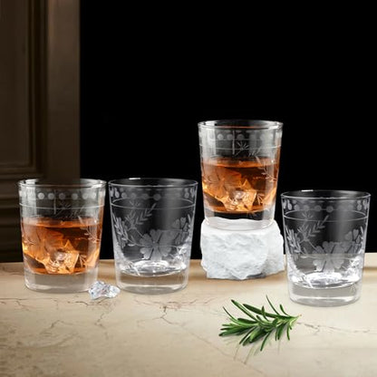 Joeyan Hand Blown Etched Drinking Glasses,Clear Water Glass Cups with Floral Pattern,Aesthetic Tumblers Glassware Set for Beverages Juice Cocktail Whiskey,9 oz,Set of 4,Dishwasher Safe - color: Drinking Glasses