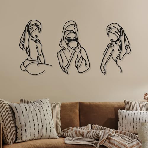 Photect 3 Pcs Metal Wall Art Decor Minimalist Abstract Woman Wall Art Metal Modern Line Drawing Decor Female Single Line Home Hanging for Bedroom Bathroom Living Room Housewarming(Romantic,Black) - color: Black, style: Romantic