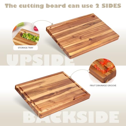Acacia Wood Cutting Board (17x13x1.5in) and Wooden Butcher Block, Chopping Board - Reversible Multipurpose For Meat, Cheese Board, Vegetables, Bread...with Juice Groove, Cracker Holder & Inner Handles - size: 17"L x 13"W