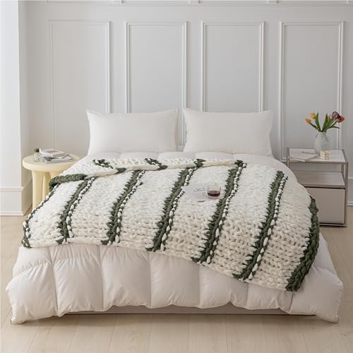 Chunky Knit Blanket Throw for Couch 50"×60" Olive Green and White | 100% Handmade Knitted Throw Blanket Fluffy Soft Blanket with Jumbo Chenille Yarn Thick - color: Olive Green and White, size: 50"*60"