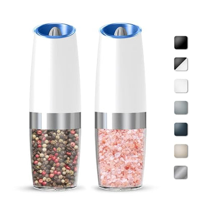 Battery Gravity Salt Pepper Grinder Set, 2 Pack (White) | Gravity Automatic Grinder With LED Light & Adjustable Roughness, Each Requires 6 AAA Batteries For Kitchen Daily Seasoning - color: Battery/Set/White