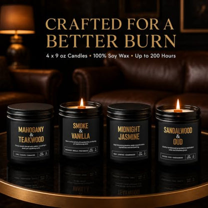 Candles Gifts for Men, 4-Pack Scented Candles, 36 oz, Birthday Gift Set | Up to 200 Hours Total Burn Time, Mahogany Teakwood, Smoked Vanilla, Midnight Jasmine & Sandalwood Oud - color: 4 Pack Black Candles