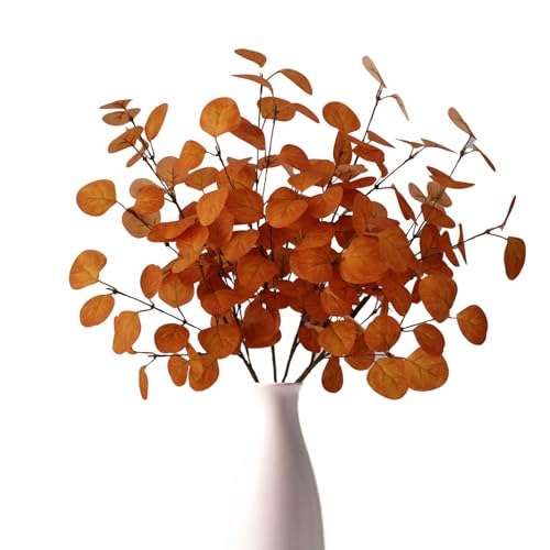 4PCS Burnt Orange Faux Eucalyptus Stems | Burnt orange leaves, bendable stems, rustic centerpiece, Thanksgiving and fall decor - color: Autumn Yellow