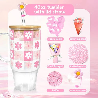 ANOTION Birthday Pink Glass Cup with Handle Gift Box for Women | Coquette Gift Basket for Her, Glass Cup with Handle, Fuzzy Socks, Knitted Coaster, Plush Bouquet - color: Pink-Flower