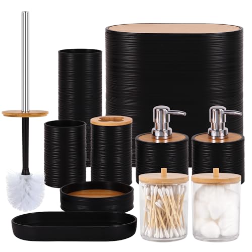 10 PCS Black Bathroom Accessories Set with Trash Can Bathroom Accessory | All-in-One Kit with Trash Can,Toothbrush Holder,Soap Dispenser,Toothbrush Cup,Vanity Tray,Soap Dish,Toilet Brush etc for Home - color: Black