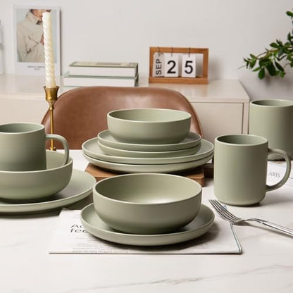 12-Piece Stoneware Dinnerware Set with Mugs | Microwave and Dishwasher Friendly | Stackable Matte Glaze Plates & Bowls | Service for 4 - color: Green for 4