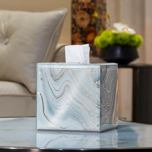 Square Marble Pattern Glass Tissue Box Cover for Table Display | Glass construction, velvet lining, white & gold tone, anti-discoloration, bedroom kitchen office use, home decor, great gift - color: White, size: Square