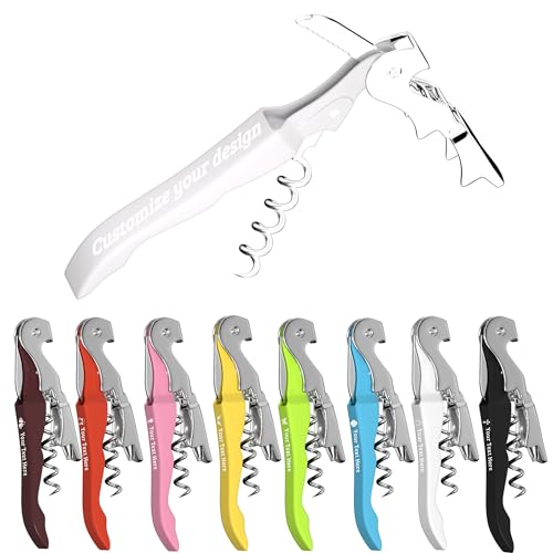 Custom Wine Opener Bulk, Laser Personalized Logo & Text, for Bar Weddings | Waiter Corkscrew Wine Key with Foil Cutter,Double Hinged Stainless Steel Wine Bottle Opener,for Servers,Bartenders,Sommelier - color: White