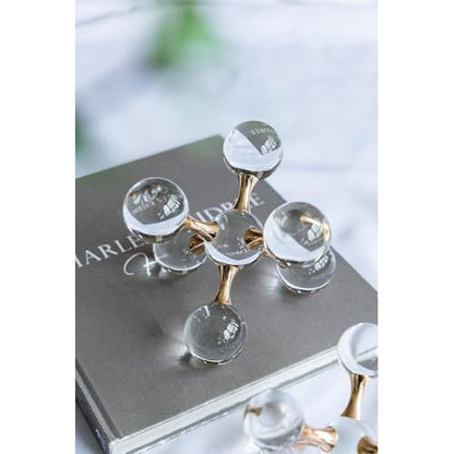 Gold Iron and Crystal Glass Sphere Sculpture - Modern Geometric Decorative Accent for Home, Office, or Living Room (Luxury Tabletop Art Piece) - 7" x 7" x 7"