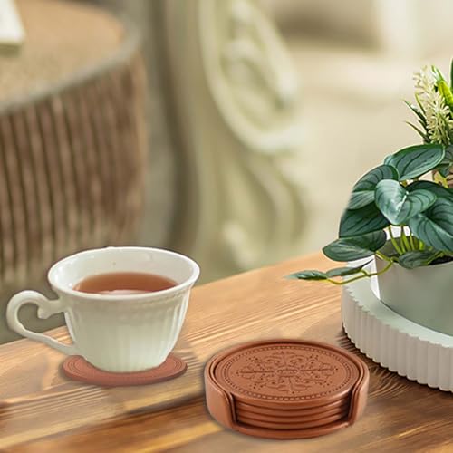 Coasters Set of 6 - PU Leather Coasters for Drinks with Holder - Brown - color: Brown