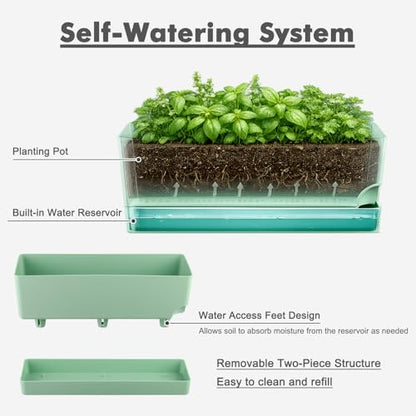 Party Zealot Window Boxes Planters, 3 Pack Self Watering Pots for Indoor Plants 17 Inch Rectangular Planter Rectangle Flower Pots Long Plant Pot Large Window Sill Herb Planter Box, Green - color: Green