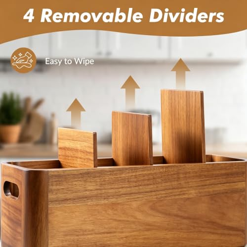 Kitchen Utensil Holder for Counter or Countertop, Extra Large Acacia Wood Organizer with 4 Compartments, Wooden Utensil Holder for Cooking and Silverware, Rustic Wood Container Sturdy Utensil Crock