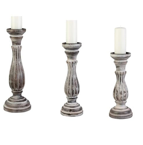 Biedermann & Sons Wooden Pillar Candle Holder Set (3 Piece), White Washed Solid Wood, Graduated 6”, 8” and 10”, Fits Up to 3 Inch Pillars, Decorative Candle Stands for Mantels and Tables - color: White Washed