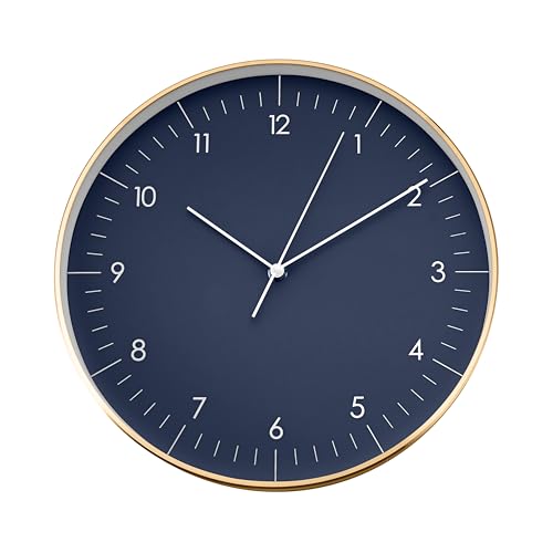 Modern Silent Quartz Wall Clock, 12in, Dark Blue & Gold | Elegant & Simple, Non-ticking, Analog, Easy-to-read display, Battery operated, for Guest room, Bedroom, Kitchen - color: Dark Blue, 12"