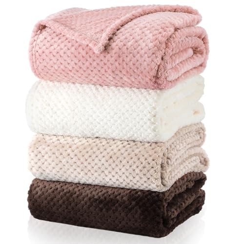Newwiee 4 Pcs Flanne Fleece Throw Blanket for Bed Couch Large 3D Waffle Textured Soft Blanket Winter Warm Lightweight No Shedding No Pilling Decorative Throw, 50x60 Inch(Graceful Color) - color: Graceful Color
