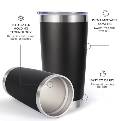 Volhoply 20oz Stainless Steel Tumbler with Lid and Straw Bulk 4 Pack,Double Wall Insulated Travel Iced Coffee Mug Fits Cup holder,Powder Coated Cups for Hot/Cold Drinks,Christmas Gifts（Black,4 Set） - color: Black