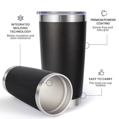 Volhoply 20oz Stainless Steel Tumbler with Lid and Straw Bulk 4 Pack,Double Wall Insulated Travel Iced Coffee Mug Fits Cup holder,Powder Coated Cups for Hot/Cold Drinks,Christmas Gifts（Black,4 Set） - color: Black