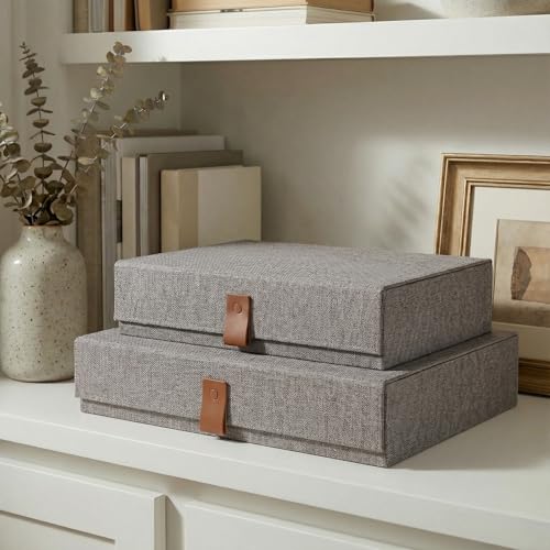 ZICOTO Decorative Photo Storage Boxes with Lids - Set of 2 Linen Organizers | Beautiful Boxes Safely Store Your Pictures, Documents, Scrapbooking Supplies, Keepsakes and Other Memories in Style - color: Gray