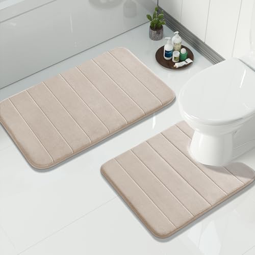 Yimobra Memory Foam Bath Mat Set 2 Piece - Super Soft Absorbent Quick Dry Bathroom Toilet Rugs, Machine Washable Non Slip Floor Carpet for Tub Shower & Single Sink (31.5x20 & 24x20, Beige) - color: Beige, size: 31.5x20+24x20 Inch