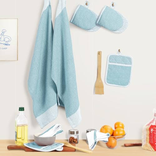 Casa Platino Oven Mitts and Pot Holders Sets, 8-Piece – 500°F Heat Resistant Mini Oven Mitt with Silicone Grip, Potholders for Kitchens, 2 Kitchen Towels & 2 Dish Cloths – Non-Slip & Durable – Aqua - color: 04: Oven Mitts - Aqua, size: Oven Mitt Set - 8 P